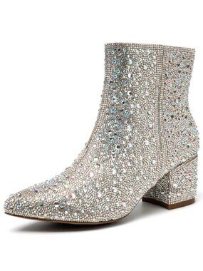 Rhinestone Sparkly Ankle Boots Pointed Toe Chunky Heel Western Booties